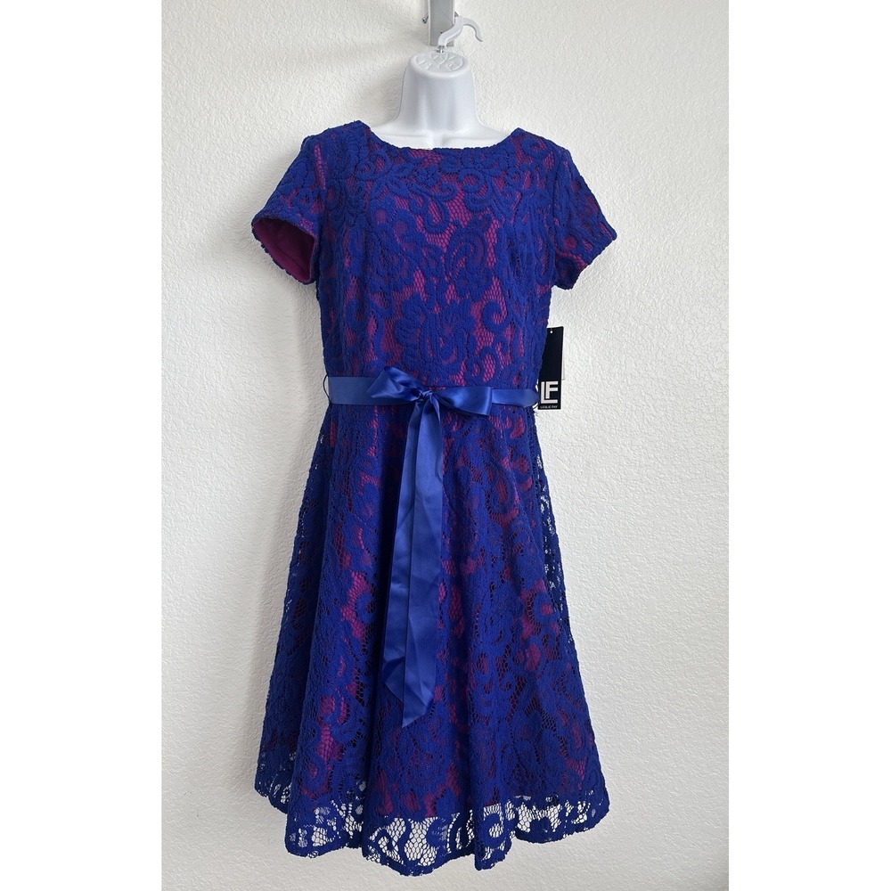 NWT! Leslie Fay Women's Sz: 8 Lace Purple and Blue Fit and Flare A Line Dress
